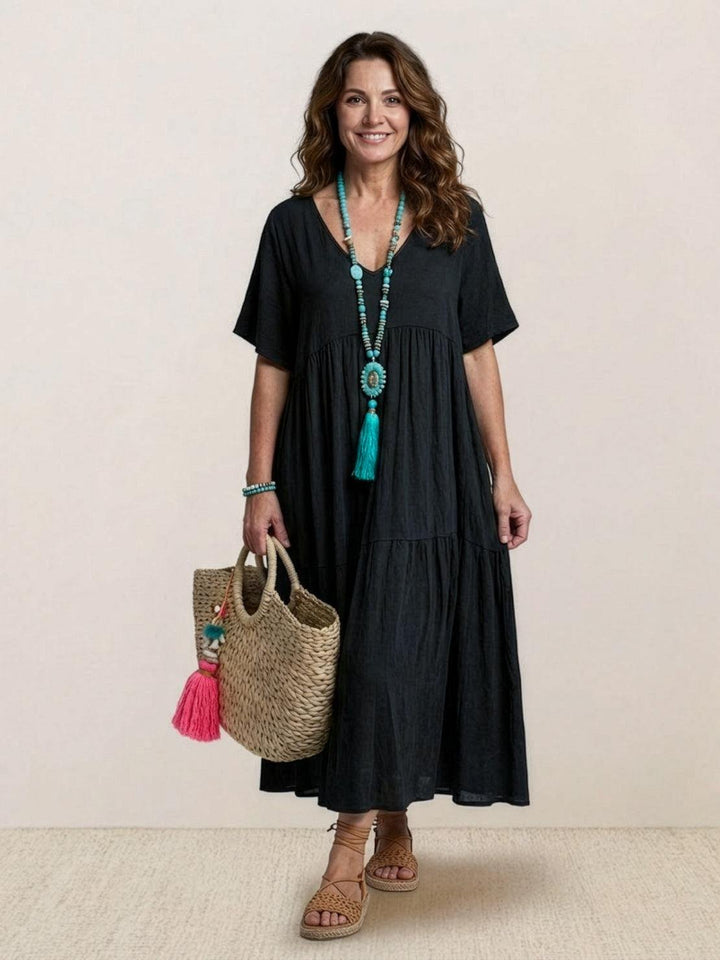 Karla | Boho Maxi Kjole V-Hals Korte Ermer Lagdelt