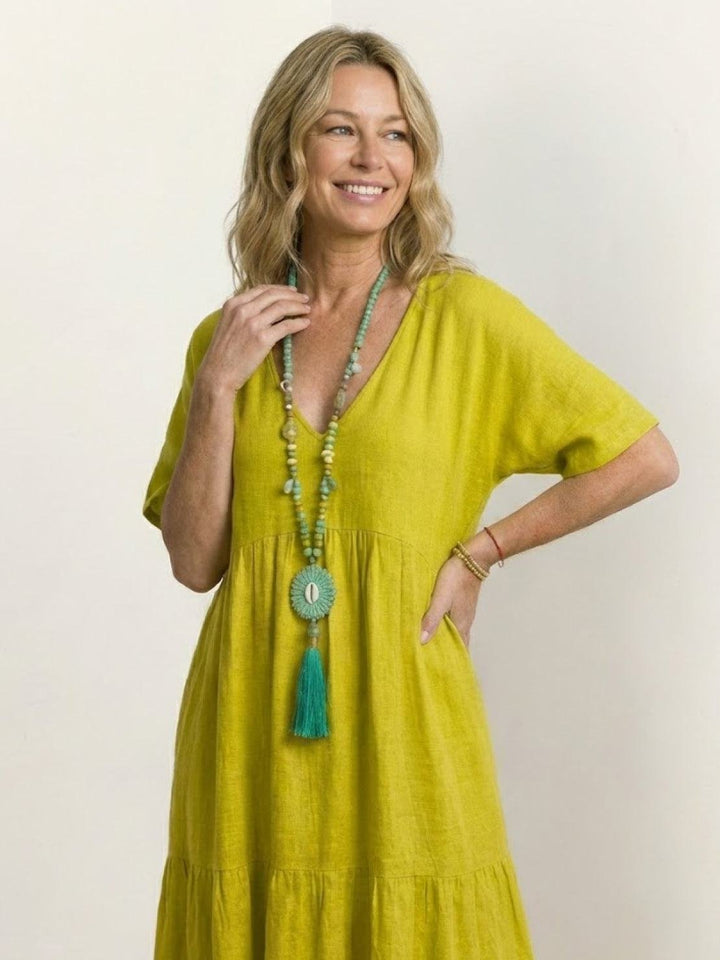 Karla | Boho Maxi Kjole V-Hals Korte Ermer Lagdelt