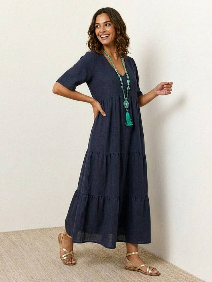 Karla | Boho Maxi Kjole V-Hals Korte Ermer Lagdelt