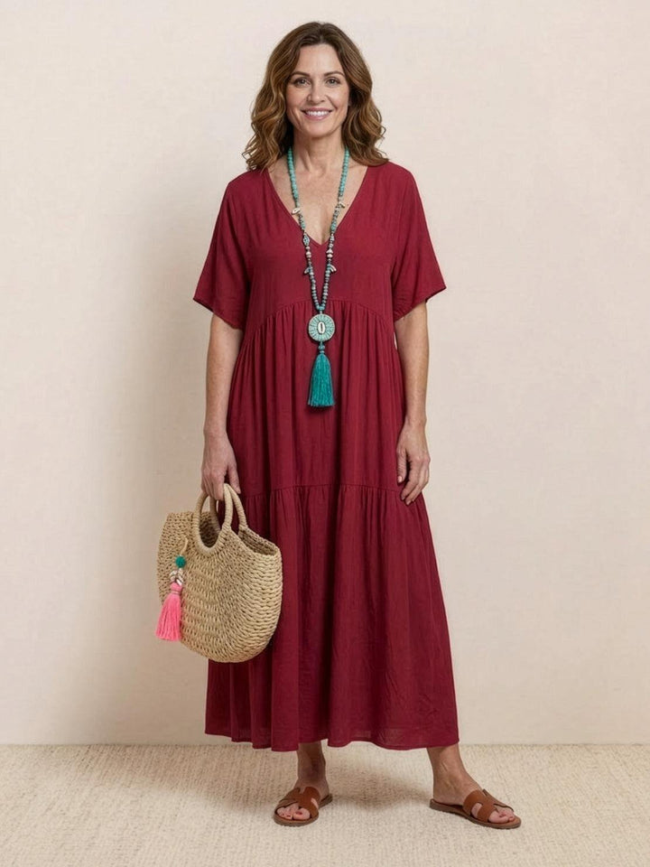 Karla | Boho Maxi Kjole V-Hals Korte Ermer Lagdelt