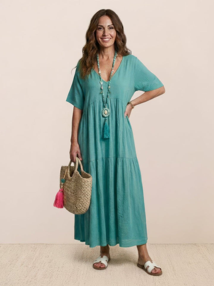 Karla | Boho Maxi Kjole V-Hals Korte Ermer Lagdelt