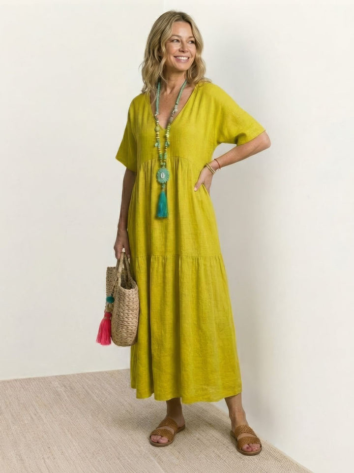 Karla | Boho Maxi Kjole V-Hals Korte Ermer Lagdelt