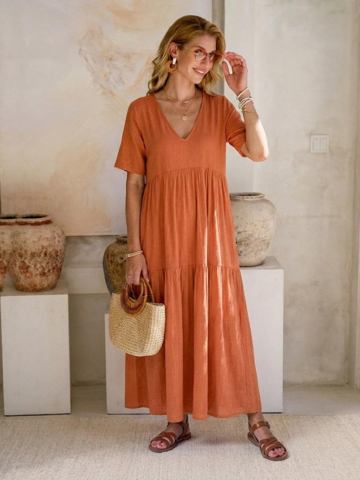 Karla | Boho Maxi Kjole V-Hals Korte Ermer Lagdelt