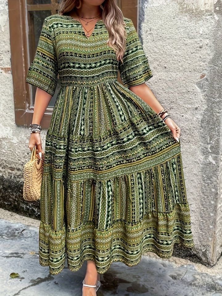 Laura | Boho Maxi Kjole V-Hals Trykt Mønster Flytende