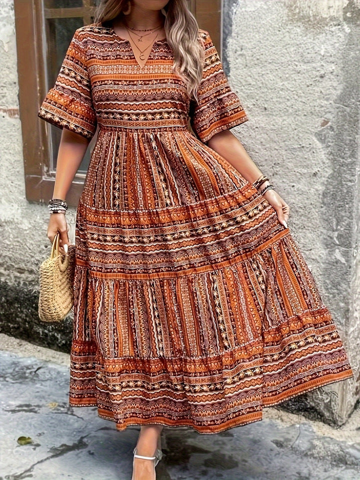 Laura | Boho Maxi Kjole V-Hals Trykt Mønster Flytende