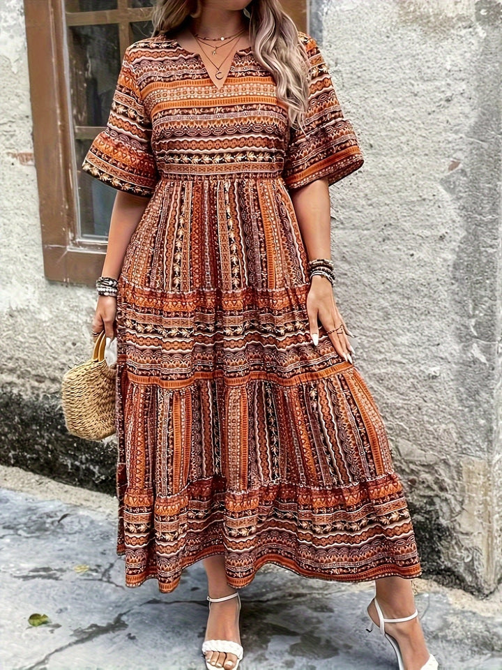 Laura | Boho Maxi Kjole V-Hals Trykt Mønster Flytende