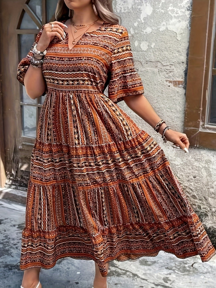 Laura | Boho Maxi Kjole V-Hals Trykt Mønster Flytende
