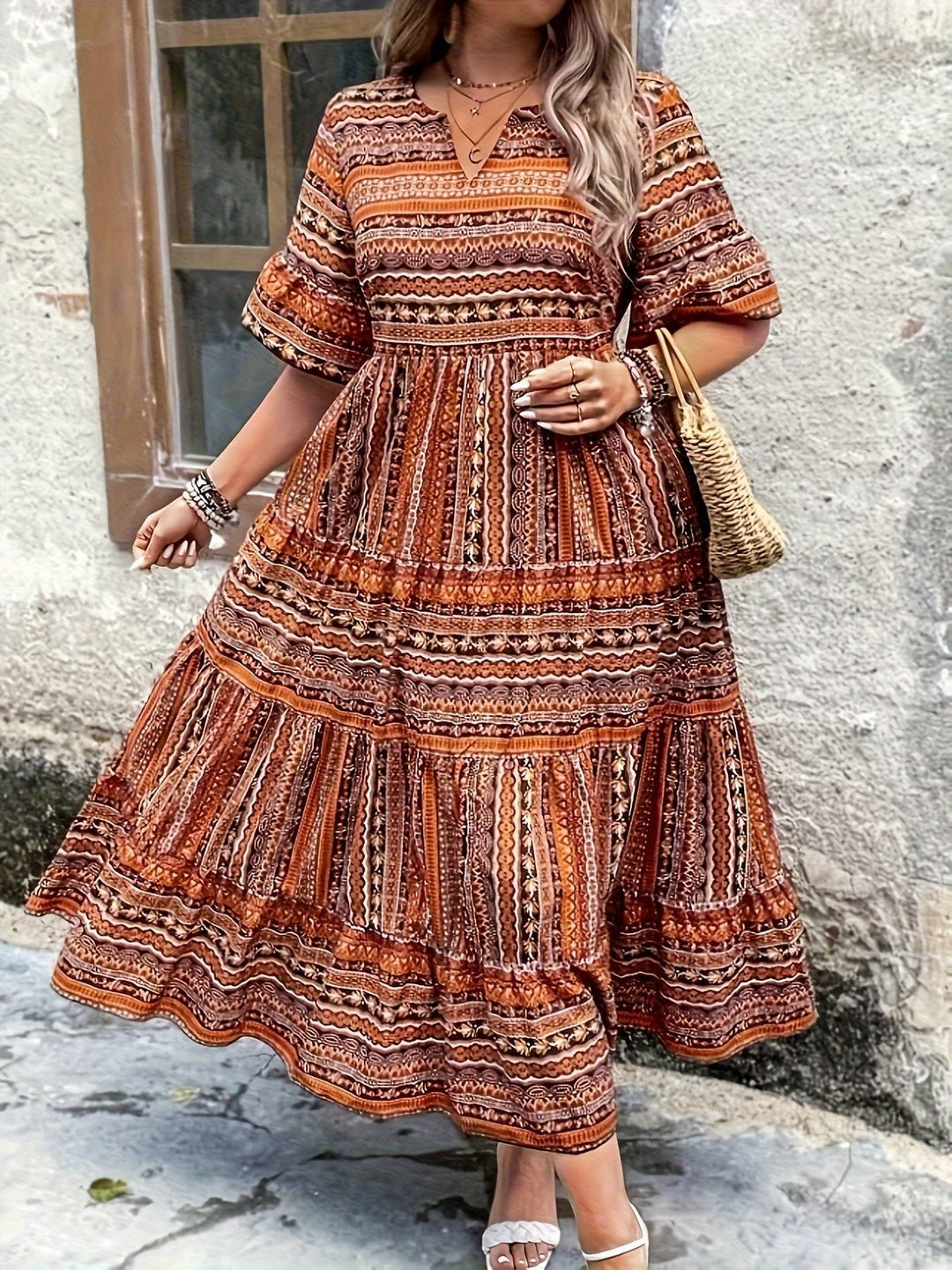 Laura | Boho Maxi Kjole V-Hals Trykt Mønster Flytende
