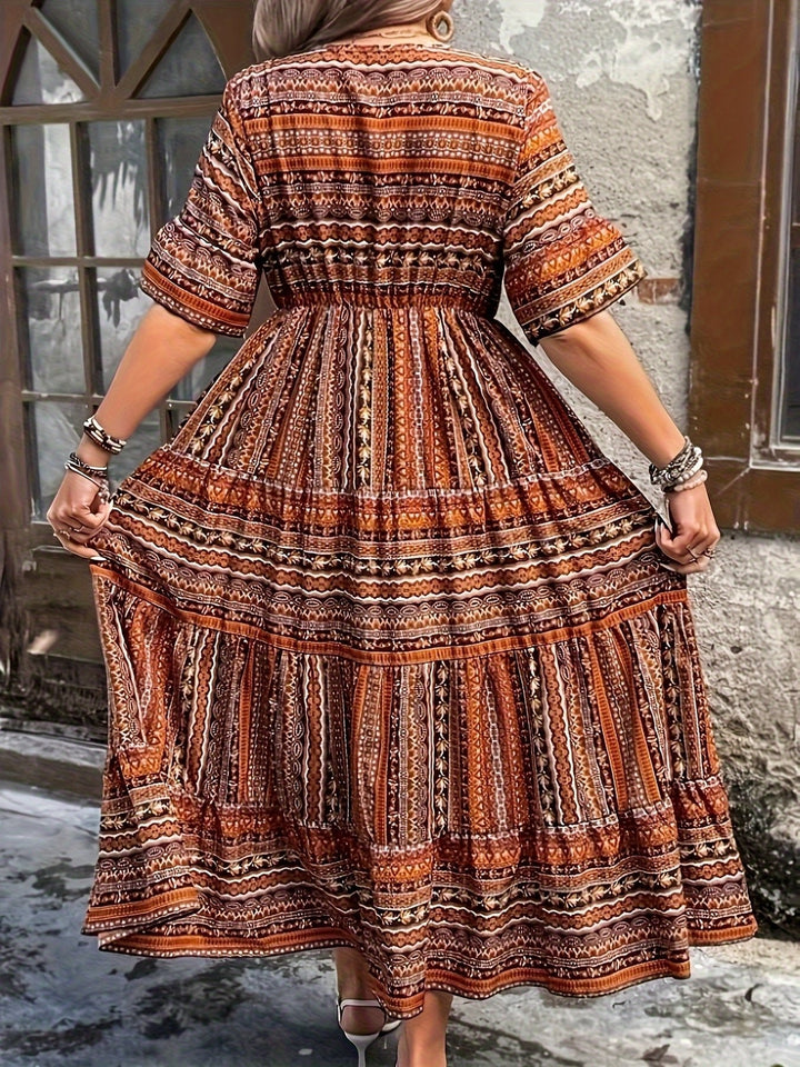 Laura | Boho Maxi Kjole V-Hals Trykt Mønster Flytende