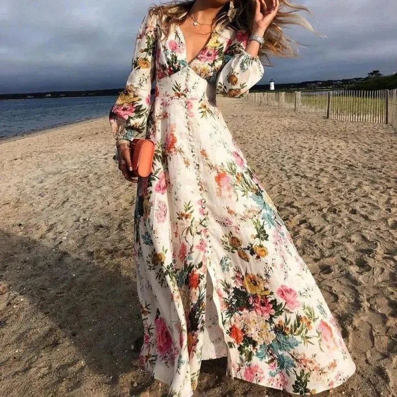 Alma | Boho Maxi Kjole Blomstertrykk V-Hals Lange Ermer