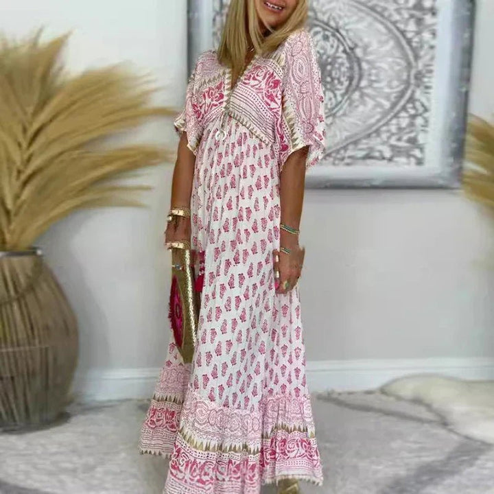 Karla | Boho Maxi Kjole med Trykk Løs Passform Bohemsk Stil