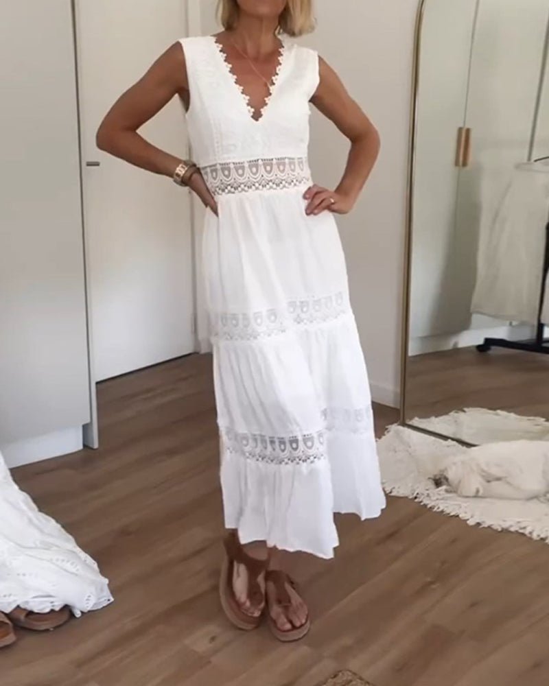 Olivia | Boho Maxi Kjole V-Hals Innviket Design Blonde Detaljer
