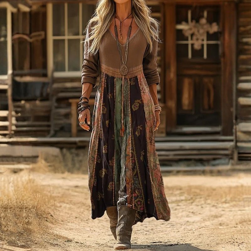 Maja | Boho Maxi Kjole V-Hals Langermet Blomstertrykk