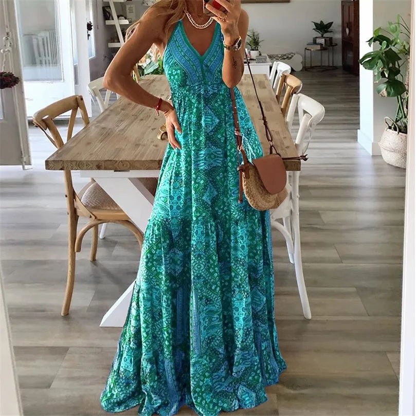 Clara | Boho Maxi Kjole V-Hals Spagettistropper Løs Passform