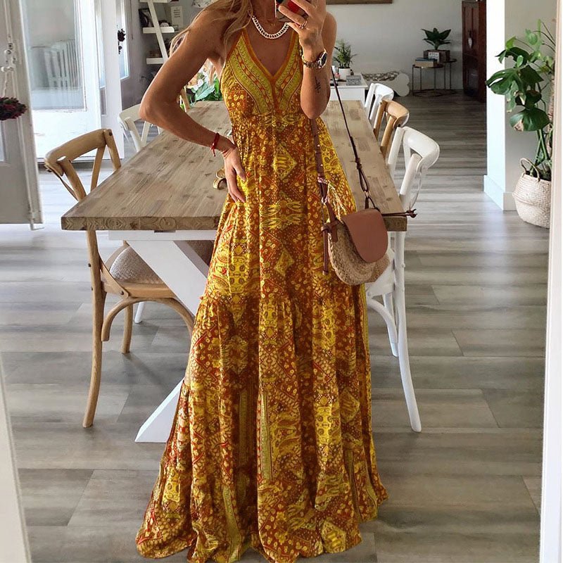 Clara | Boho Maxi Kjole V-Hals Spagettistropper Løs Passform