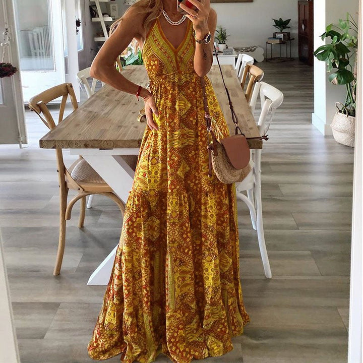 Clara | Boho Maxi Kjole V-Hals Spagettistropper Løs Passform