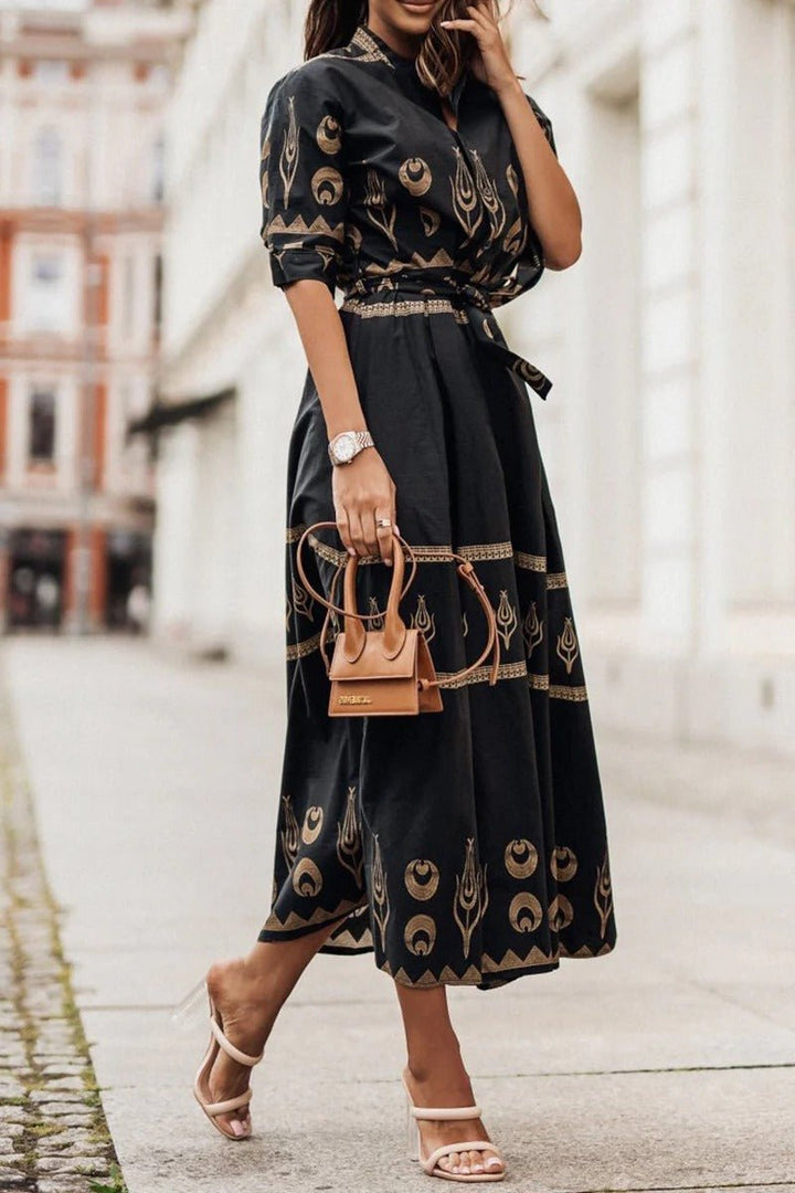 Lea | Boho Midi Kjole Belte 3/4 Ermer A-linje Snitt