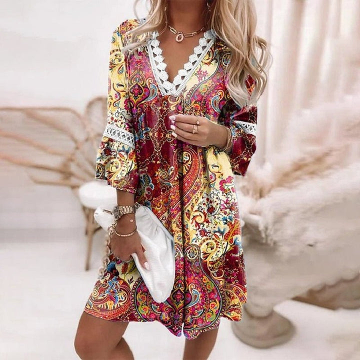 Astrid | Boho Mini Kjole Løs Passform Trykk V-Hals Lange Ermer