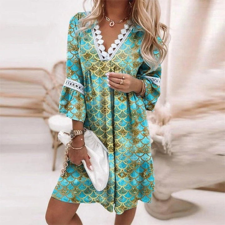 Astrid | Boho Mini Kjole Løs Passform Trykk V-Hals Lange Ermer