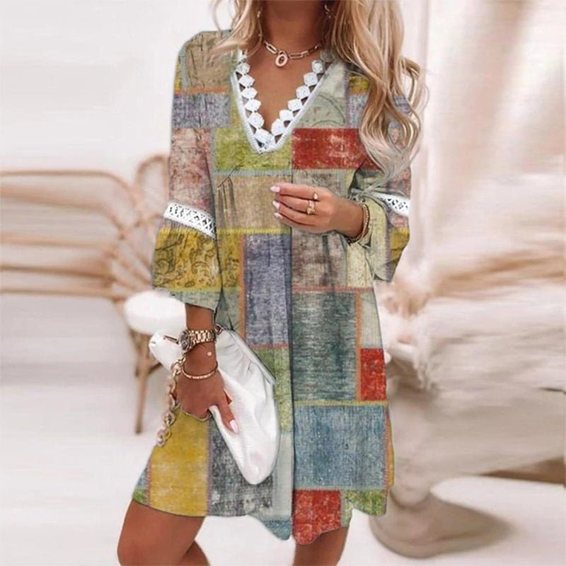 Astrid | Boho Mini Kjole Løs Passform Trykk V-Hals Lange Ermer