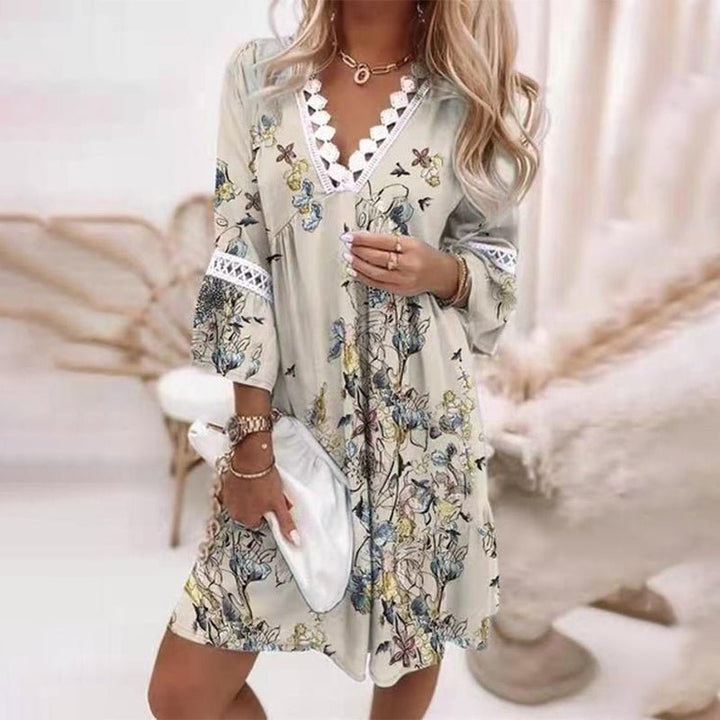 Astrid | Boho Mini Kjole Løs Passform Trykk V-Hals Lange Ermer