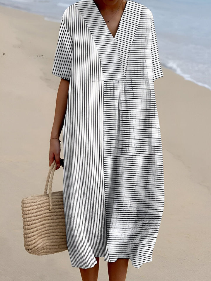 Ida | Boho Stripet V-hals Midi Kjole for Kvinner, Casual Sommerkjole