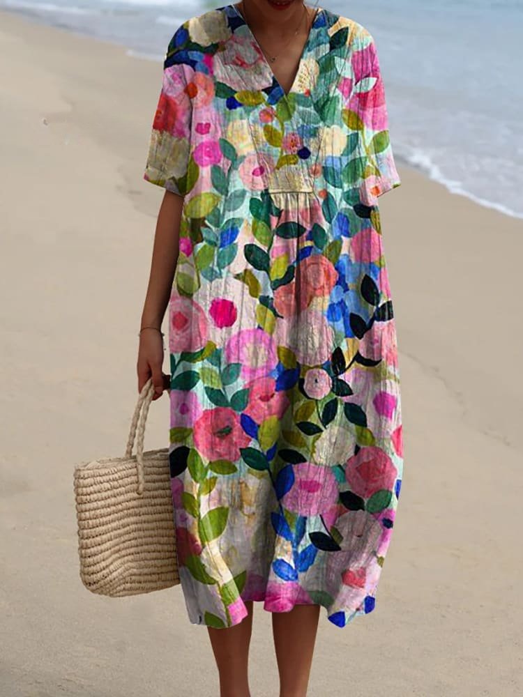 Ida | Boho Stripet V-hals Midi Kjole for Kvinner, Casual Sommerkjole