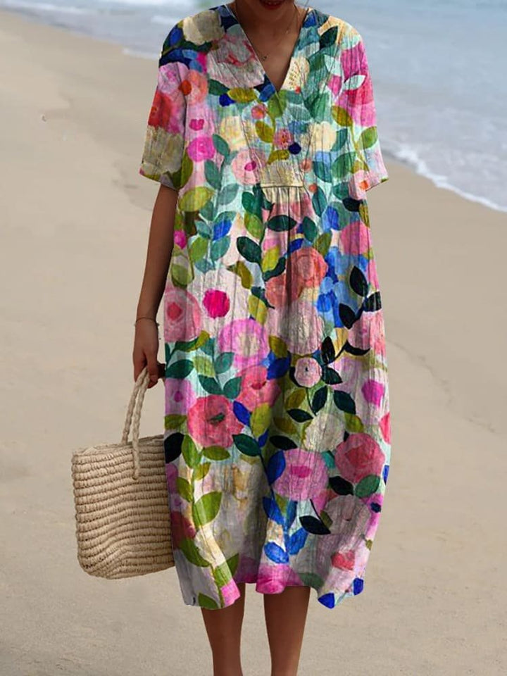 Ida | Boho Stripet V-hals Midi Kjole for Kvinner, Casual Sommerkjole
