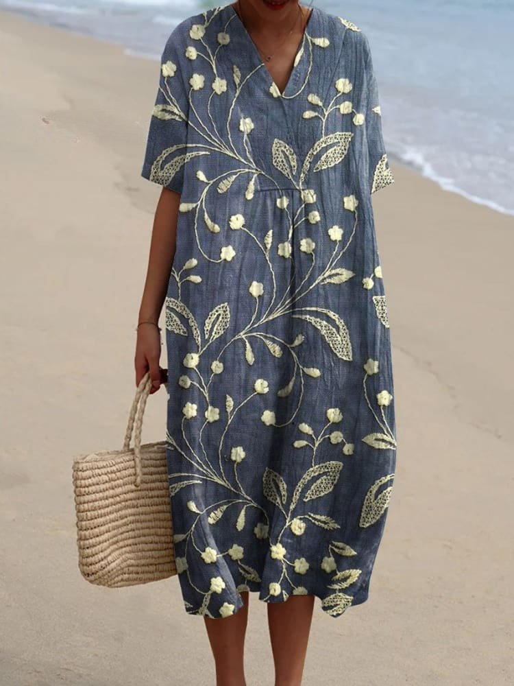 Ida | Boho Stripet V-hals Midi Kjole for Kvinner, Casual Sommerkjole