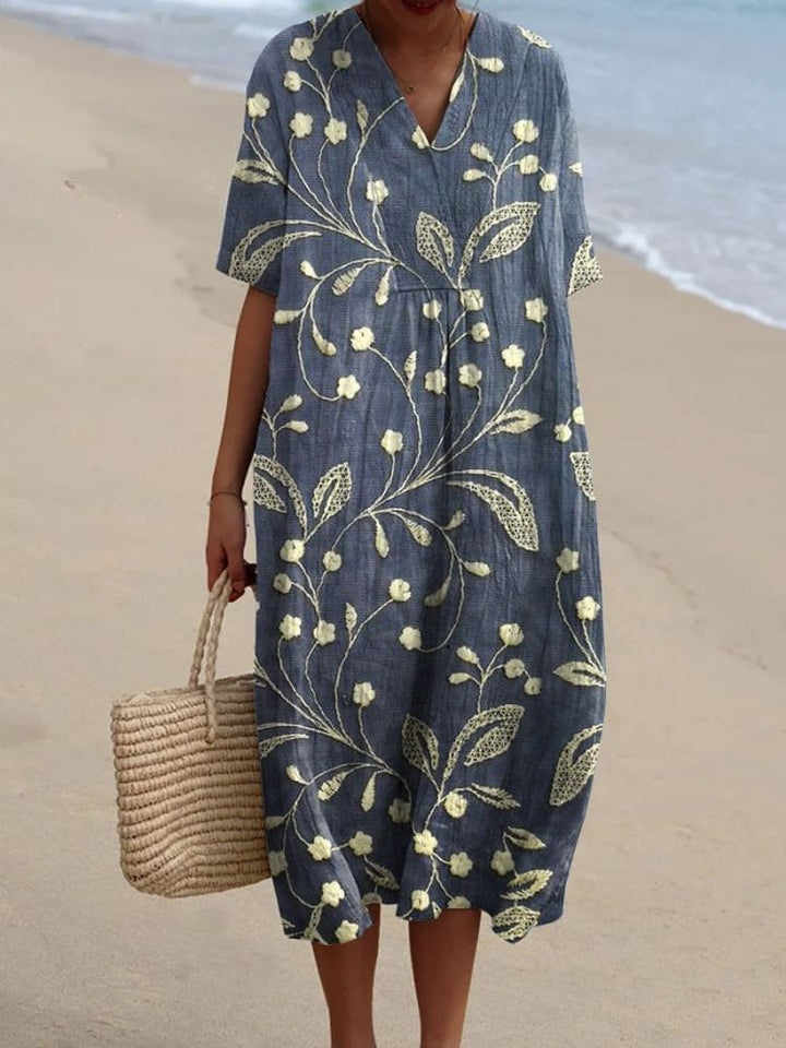 Ida | Boho Stripet V-hals Midi Kjole for Kvinner, Casual Sommerkjole