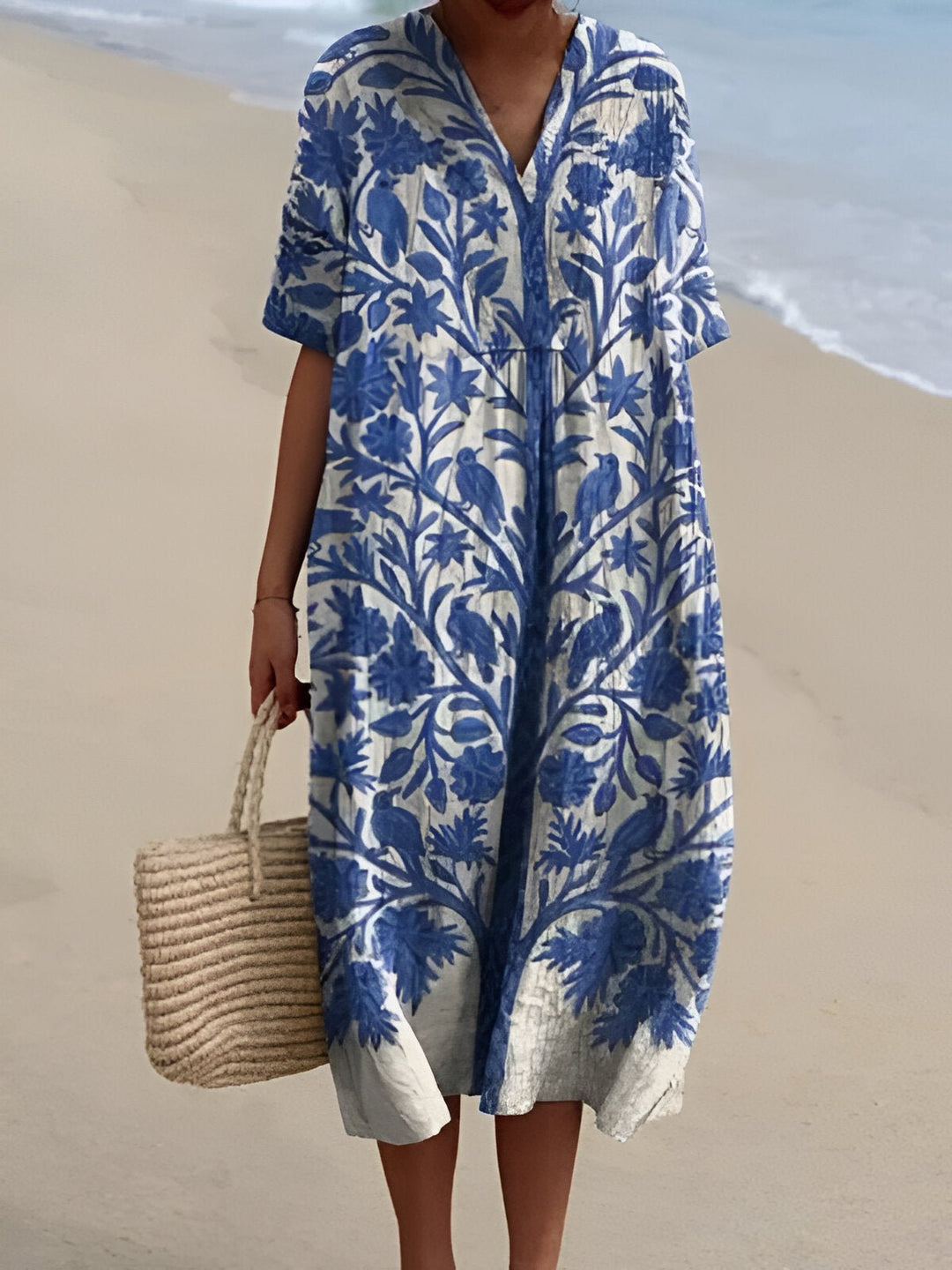 Ida | Boho Stripet V-hals Midi Kjole for Kvinner, Casual Sommerkjole