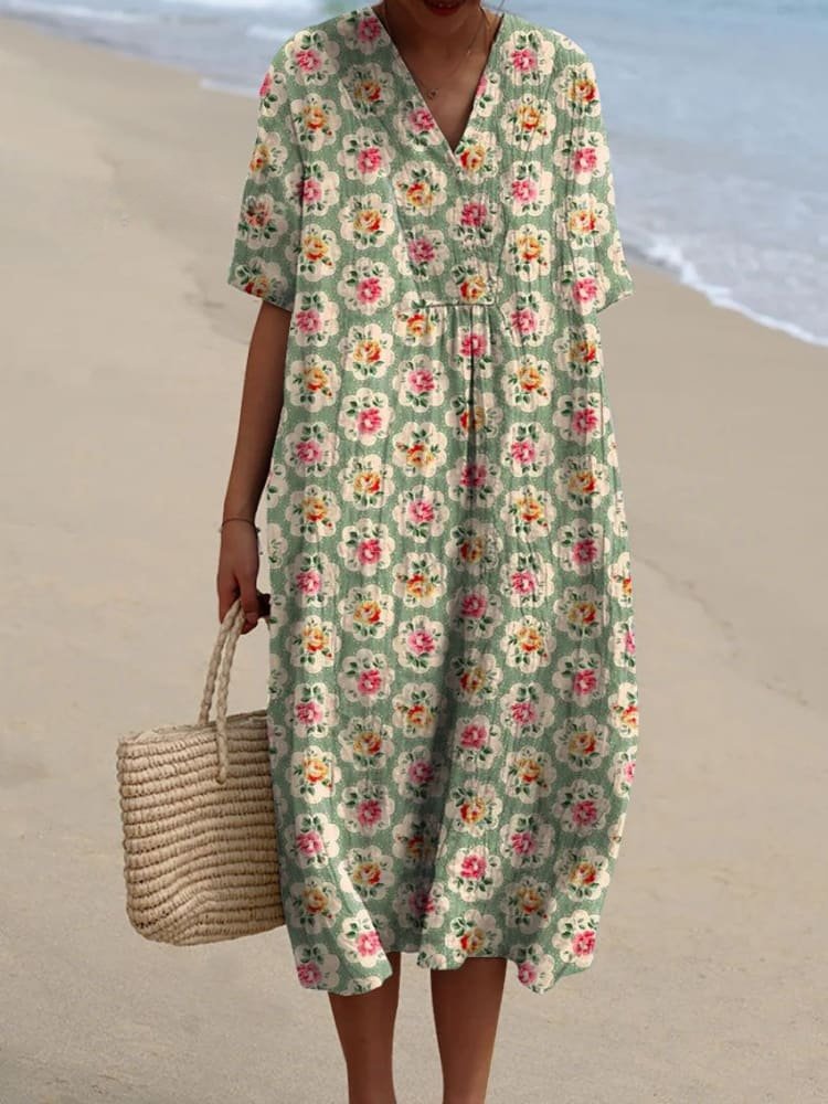 Ida | Boho Stripet V-hals Midi Kjole for Kvinner, Casual Sommerkjole