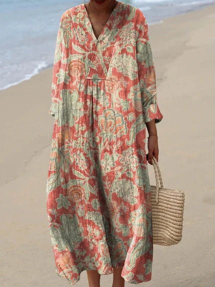 Ida | Boho Stripet V-hals Midi Kjole for Kvinner, Casual Sommerkjole