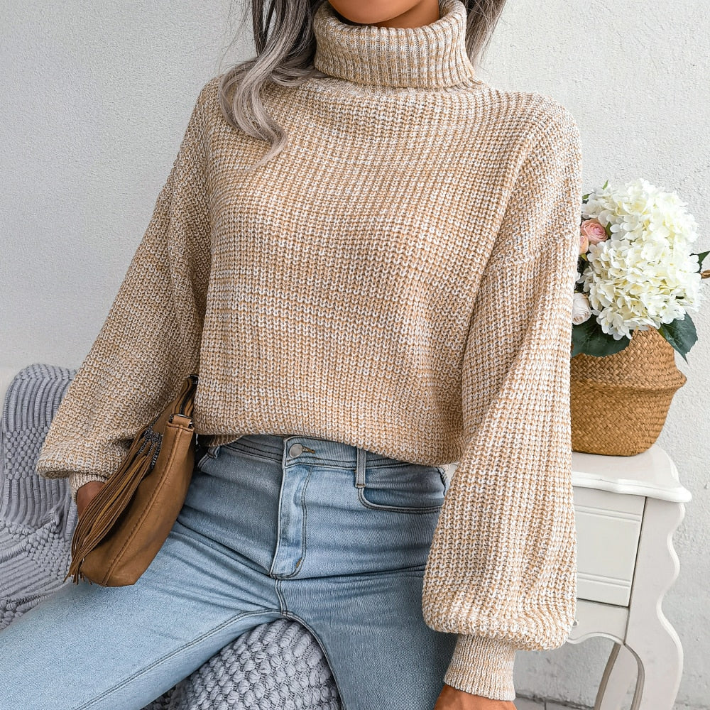 Turtleneck Chunky Knit Sweater with Long Sleeves for Everyday Wear