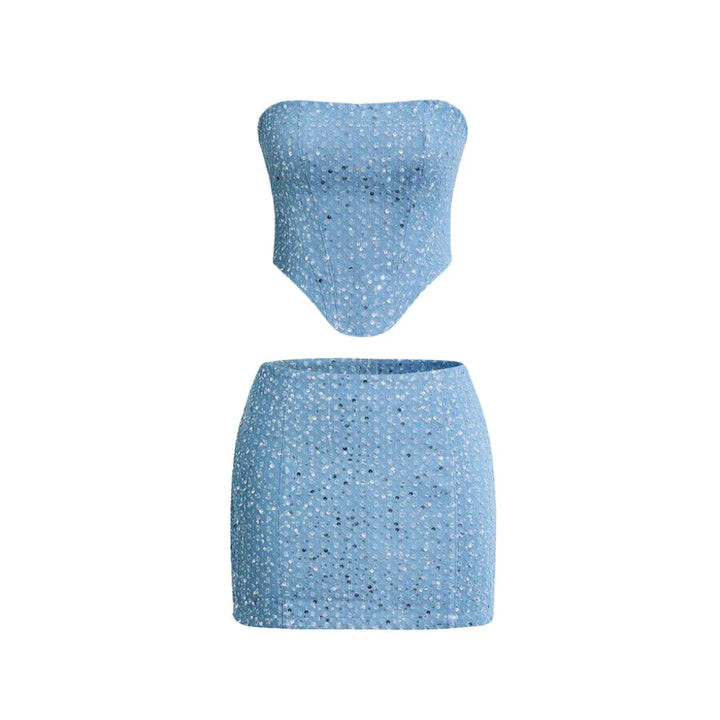 Ella | Dahlia Paillette Denim To-delt Sett Tube Top Skjørt for Kvinner
