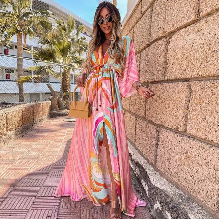Laura | Kvinners Abstrakt Print Maxi Kjole Dyp V-Hals Kimono Ermer