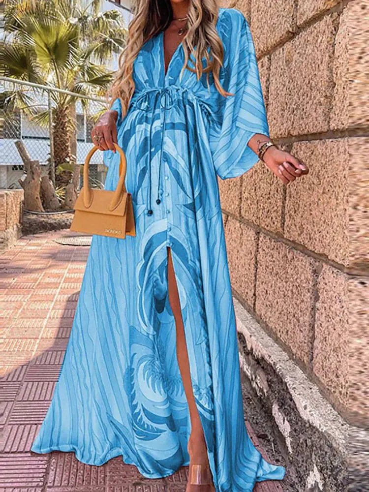 Laura | Kvinners Abstrakt Print Maxi Kjole Dyp V-Hals Kimono Ermer