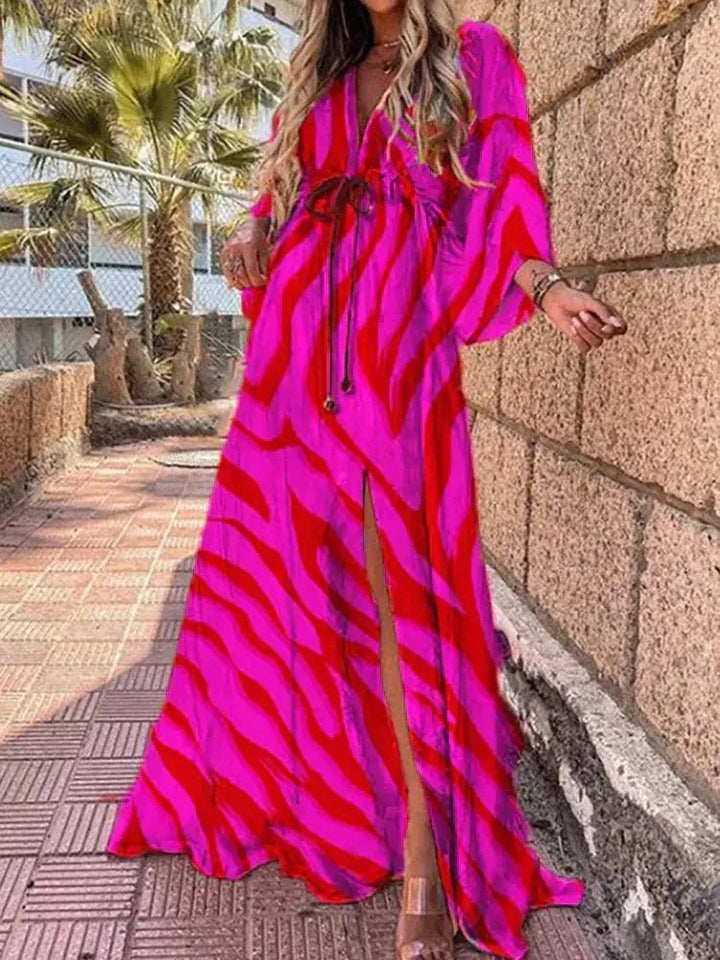 Laura | Kvinners Abstrakt Print Maxi Kjole Dyp V-Hals Kimono Ermer