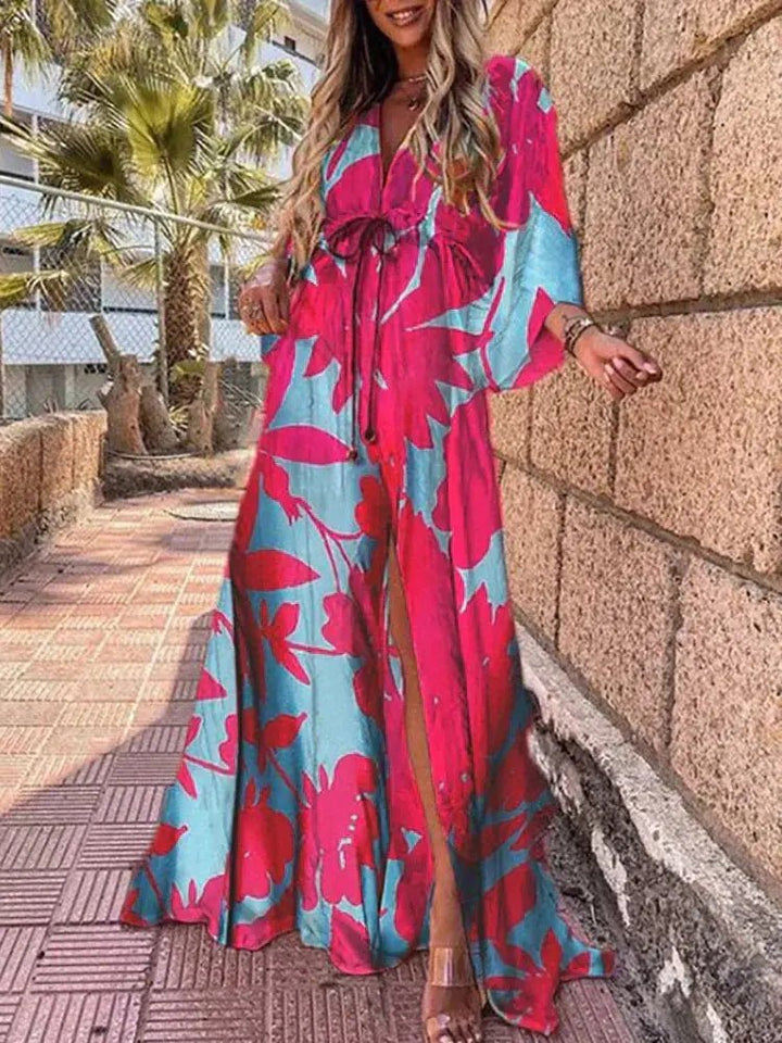 Laura | Kvinners Abstrakt Print Maxi Kjole Dyp V-Hals Kimono Ermer