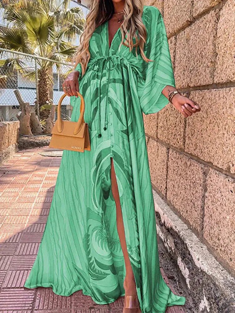Laura | Kvinners Abstrakt Print Maxi Kjole Dyp V-Hals Kimono Ermer