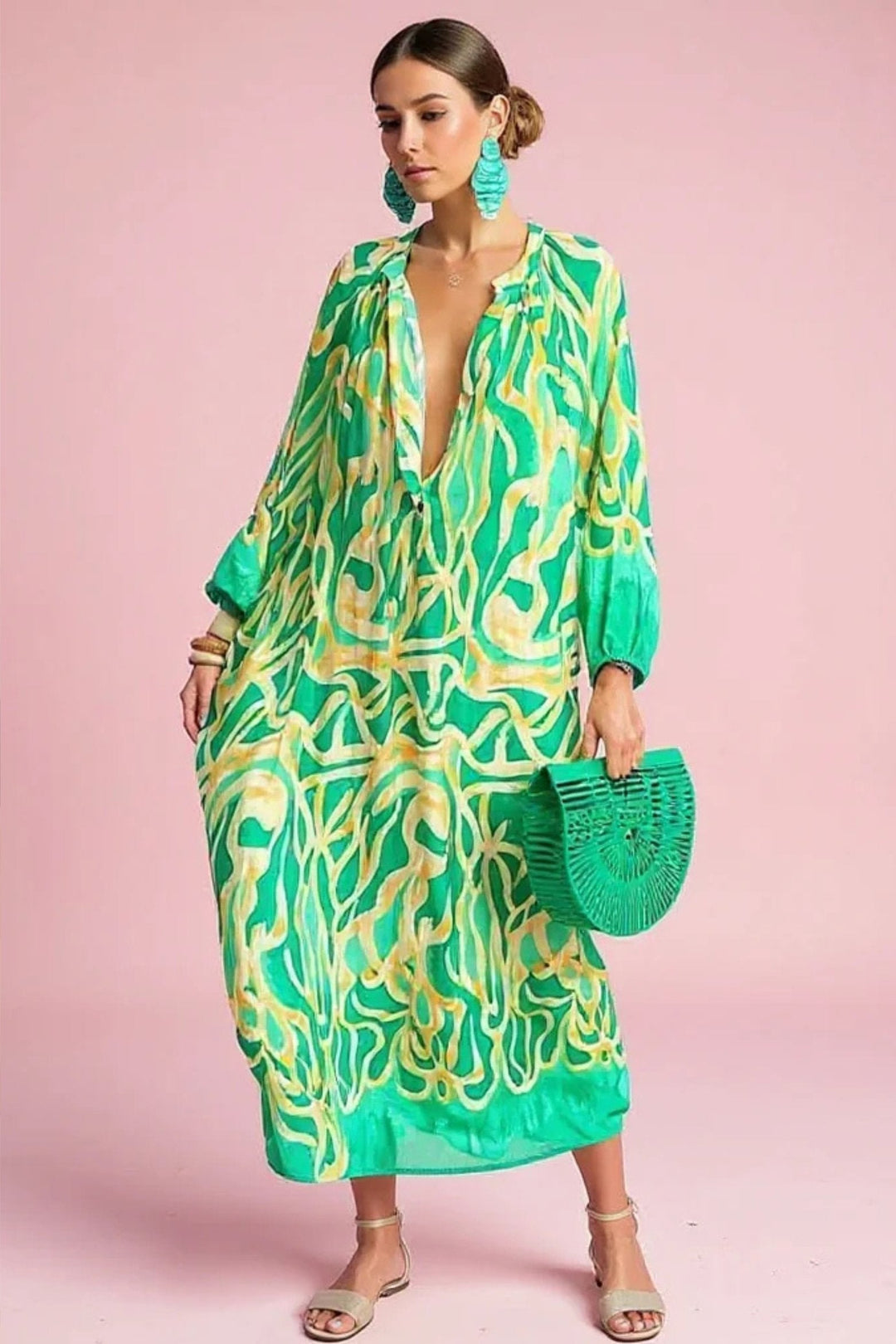 Josefine | Kvinners Abstrakt Trykk V-Hals Kaftan Maxi Kjole Lange Ermer