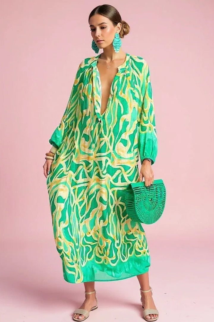 Josefine | Kvinners Abstrakt Trykk V-Hals Kaftan Maxi Kjole Lange Ermer