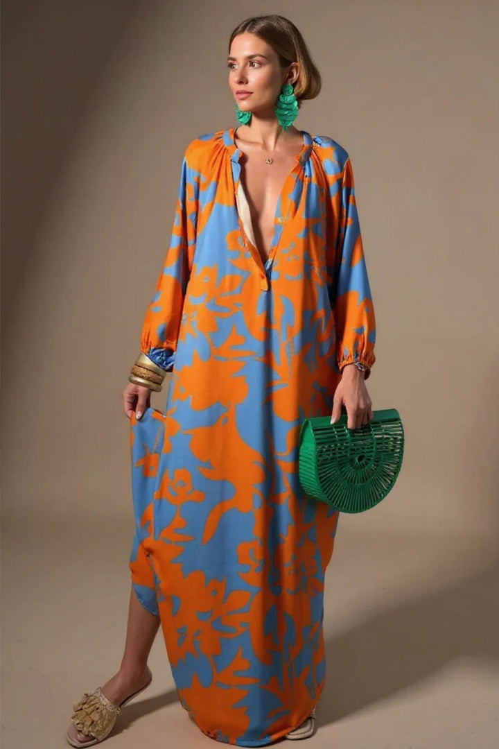 Josefine | Kvinners Abstrakt Trykk V-Hals Kaftan Maxi Kjole Lange Ermer