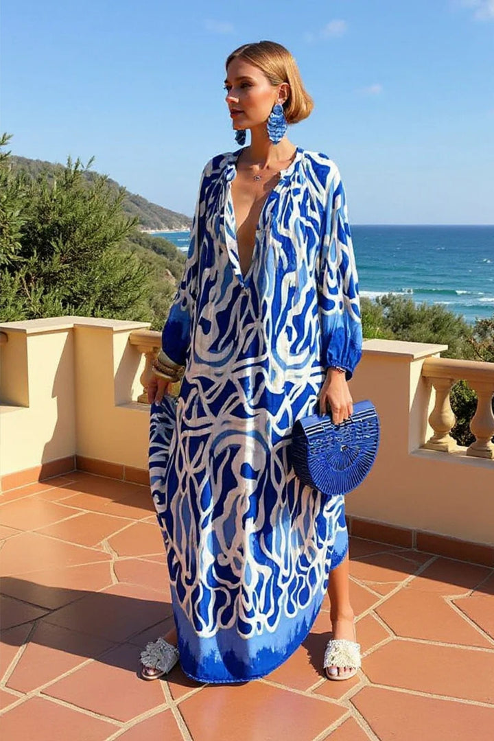 Josefine | Kvinners Abstrakt Trykk V-Hals Kaftan Maxi Kjole Lange Ermer