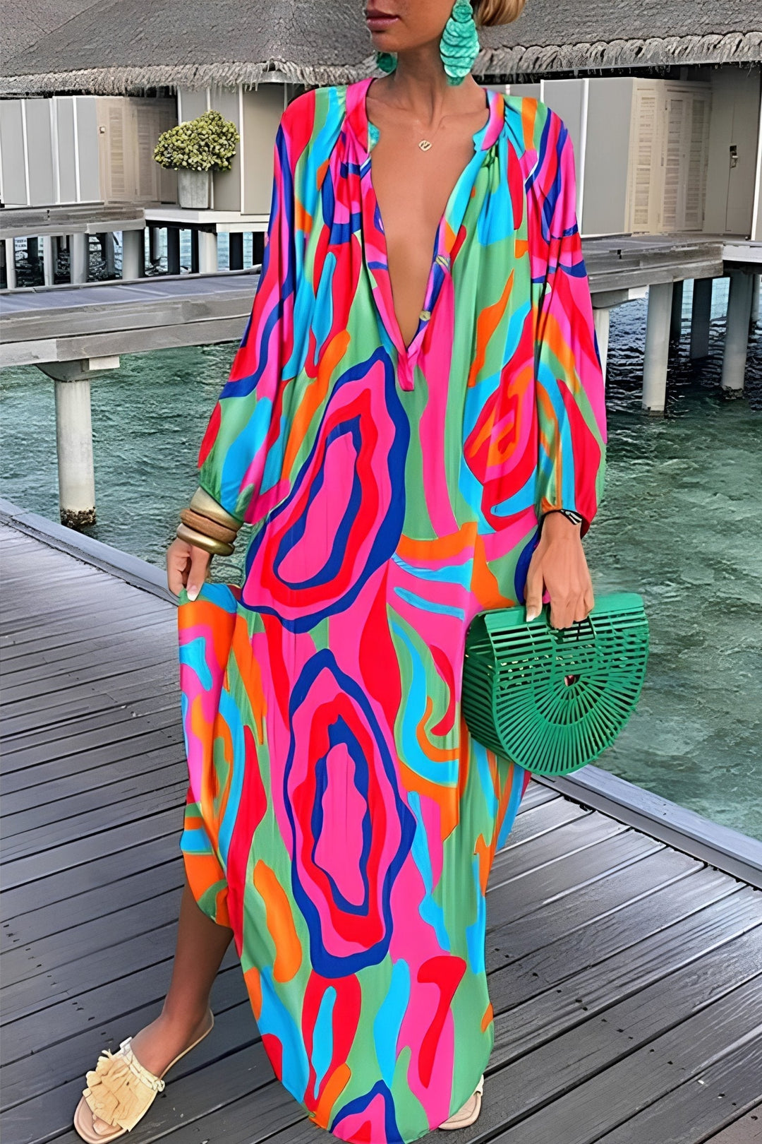 Josefine | Kvinners Abstrakt Trykk V-Hals Kaftan Maxi Kjole Lange Ermer
