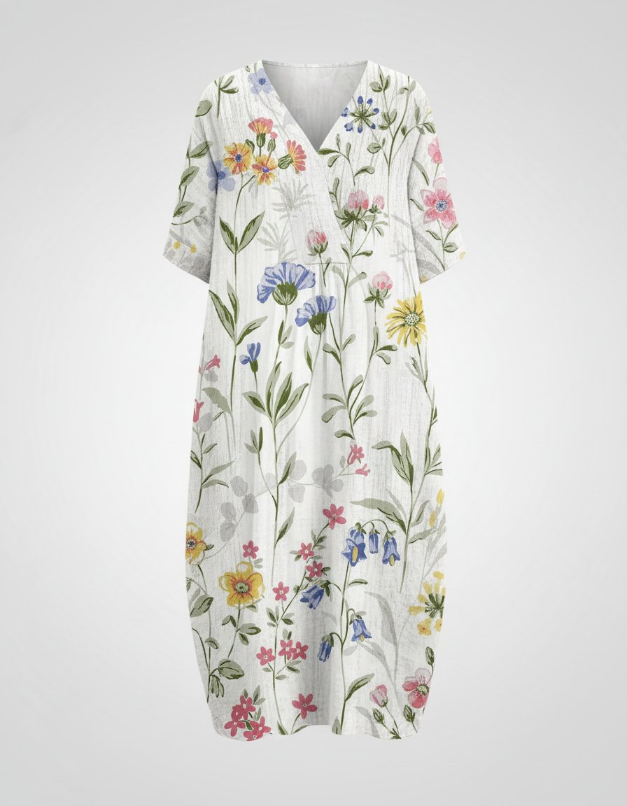Liv | Kvinne | Avslappet Blomstrete Lin Midi Kjole med V-Hals