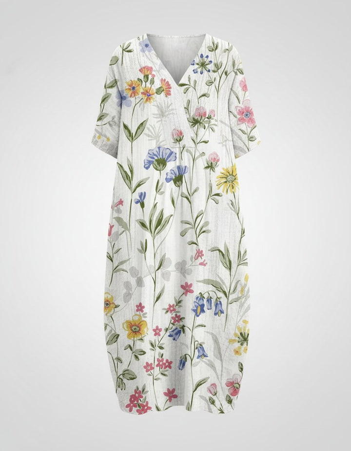 Liv | Kvinne | Avslappet Blomstrete Lin Midi Kjole med V-Hals