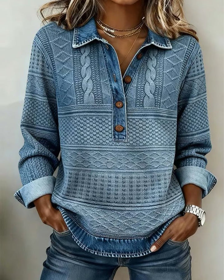 Olivia | Kvinners Avslappet Kabelstrikket Halvknapp Sweatshirt med Denim Krage