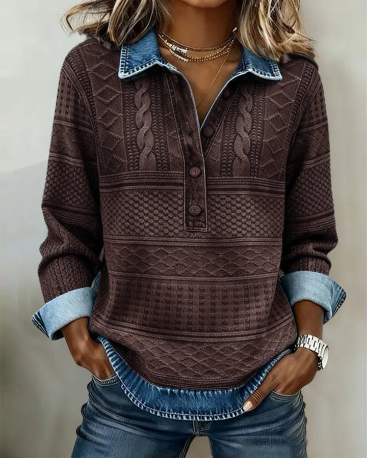 Olivia | Kvinners Avslappet Kabelstrikket Halvknapp Sweatshirt med Denim Krage
