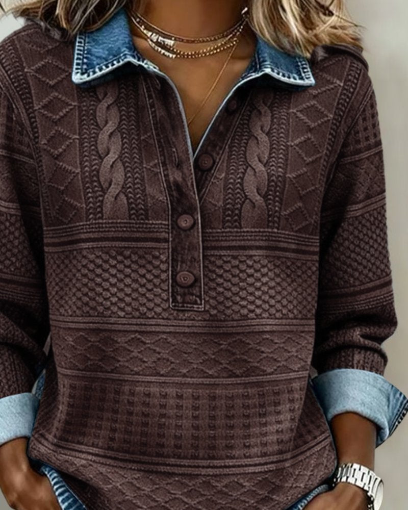 Olivia | Kvinners Avslappet Kabelstrikket Halvknapp Sweatshirt med Denim Krage